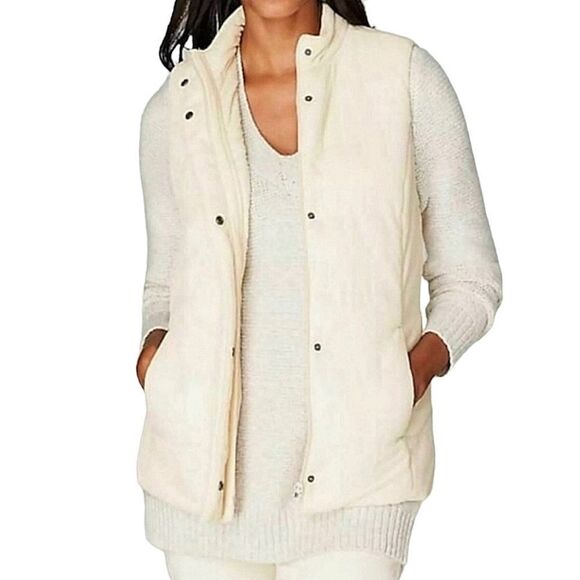 J.Jill Barley Ivory Quilted Velvety Velour Zip & Button Puffer Vest - Picture 1 of 10